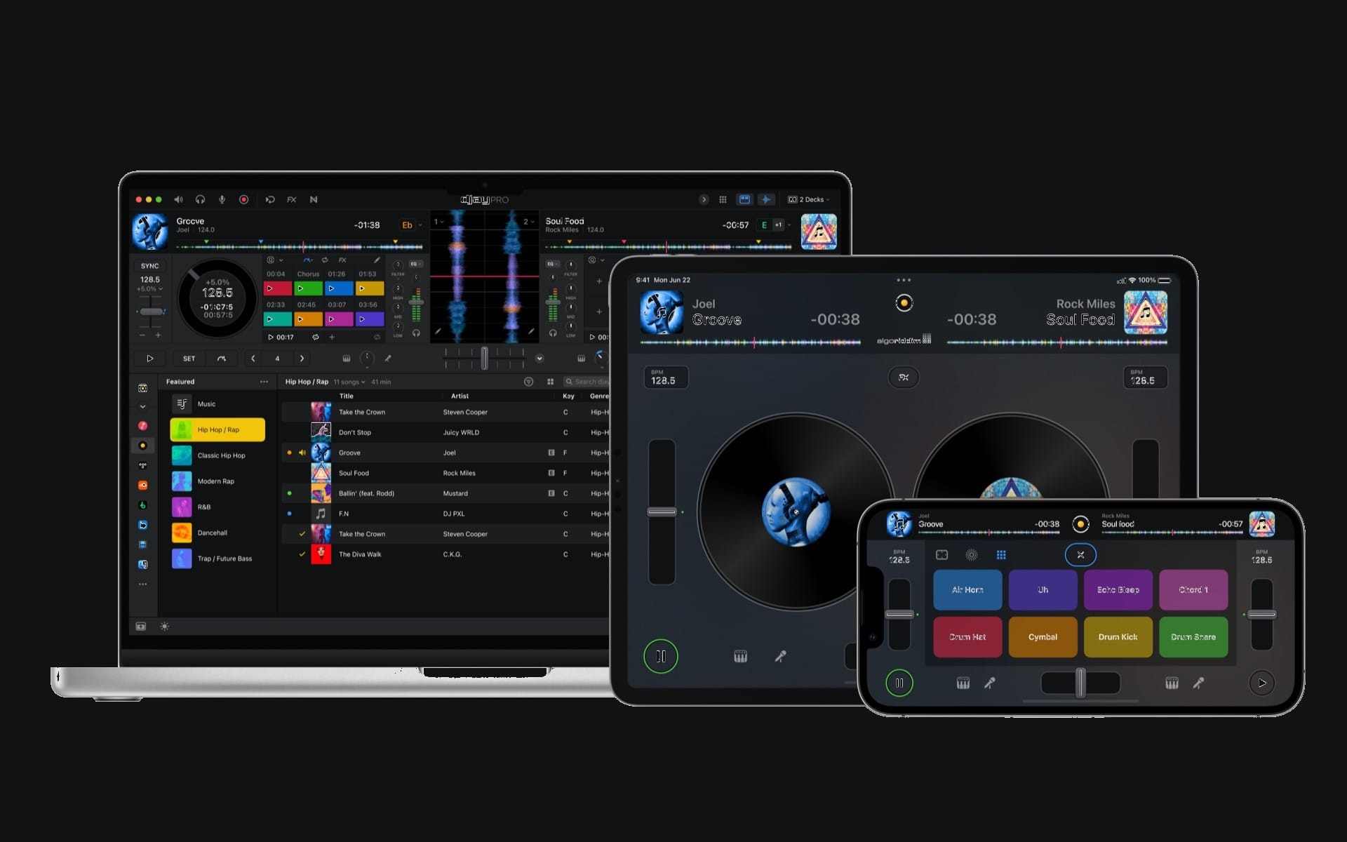 djay Pro AI running on Mac, iPad, and iPhone