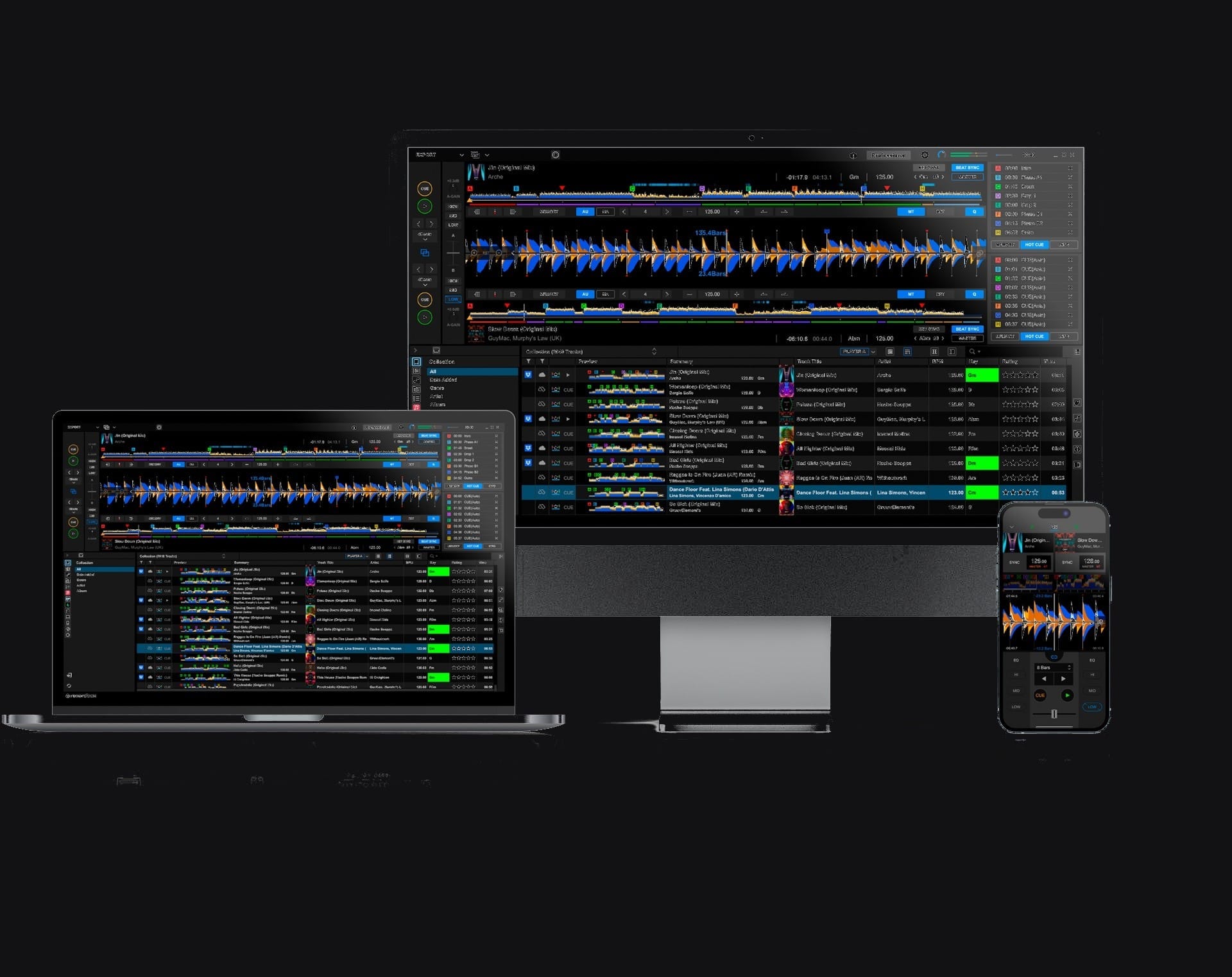 Rekordbox interface across desktop, laptop, and mobile devices