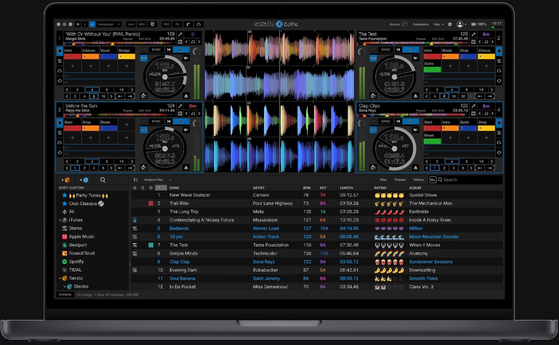 Serato DJ Pro interface showing 4-deck waveform view