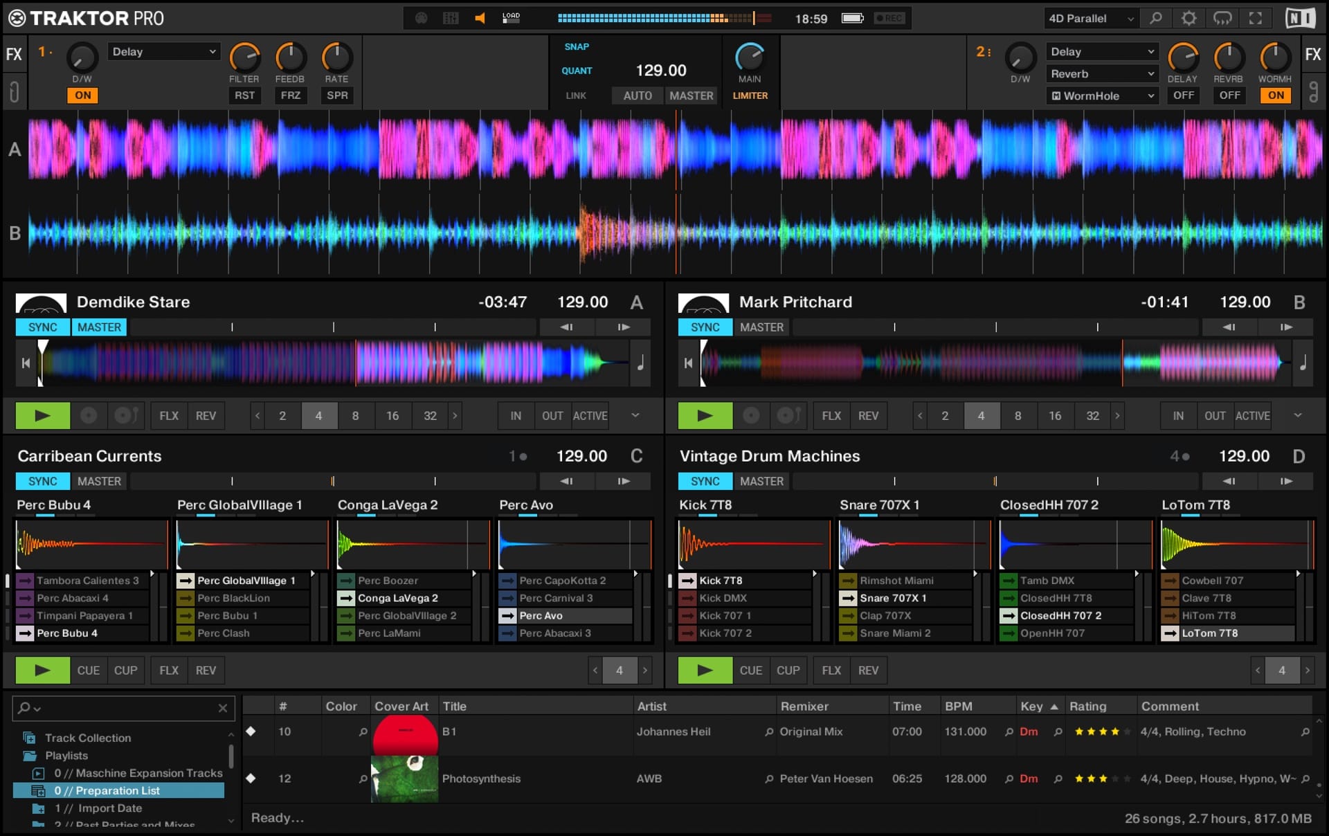 Traktor Pro 4 interface with 4-deck parallel waveforms