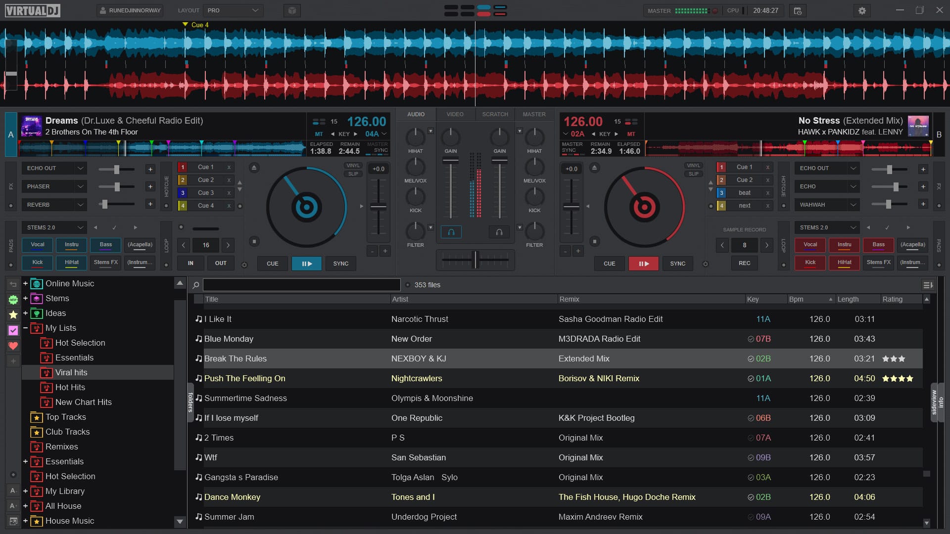 VirtualDJ Pro interface with stems separation